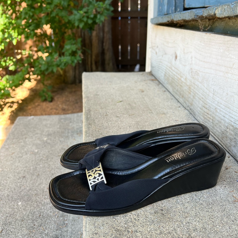 Brighton Bow Wedge Sandal Slide Black Stacked Heel Silver Jewel Isabel 7.5 Italy
